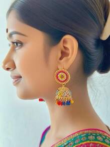 Elegant Traditional Earrings, Gorgeous Bollywood Style Rhinestone Birdcage Pendant With Bead Pendant Colorful Earrings Suitable For Women's Daily Or Party Wear, Festivals , Wedding Accessories, Jewelry Gifts
