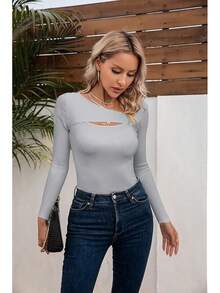 Womens Fashion Fall Cutout Long Sleeve Ribbed Slim Fitted Tops Shirts Tee Tshirts - Long-grey - View 7
