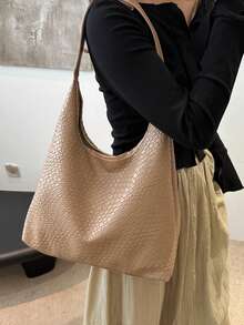 1 件女士时尚新月形编织 PU 皮革单肩包，带零钱包 - 卡其色 - 查看 4