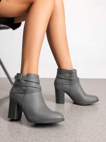 Chunky High Heel Ankle Boots Close Toe Fall Heeled Booties Shoes - Xám - Xem 8