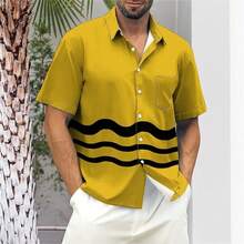 Hawaiian Bowling Shirts For Men Short Sleeve Printed Regular Fit Summer Beach Casual Button Down Aloha Shirtshalloween - 保齡球波黃色條紋 - 查看 2