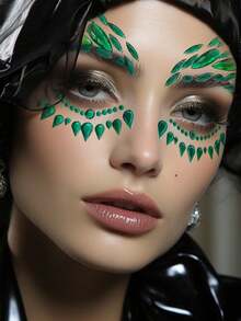 (1 张) 黑色、绿色、黑色和红色脸部水钻贴纸，Y2K 服装派对音乐节闪光宝石眼部和脸部装饰贴纸，透明防水持久逼真自粘水钻贴纸 - 綠色 - 查看 6