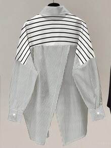 Casual Women Striped Contrast Color Drop Shoulder Long Sleeve Button Lapel Pocket Asymmetric/Asymmetrical Design Back Slit Loose Casual Shirt With Stylish Design, Suitable For Daily Casual And Commuting Wear - Multicolor - View 1