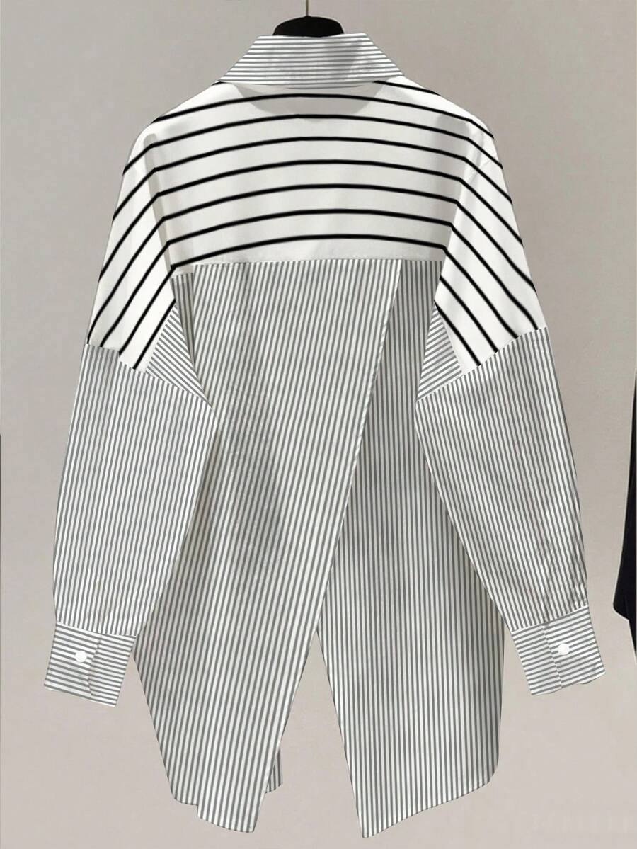 Casual Women Striped Contrast Color Drop Shoulder Long Sleeve Button Lapel Pocket Asymmetric/Asymmetrical Design Back Slit Loose Casual Shirt With Stylish Design, Suitable For Daily Casual And Commuting Wear - Multicolor - View 1