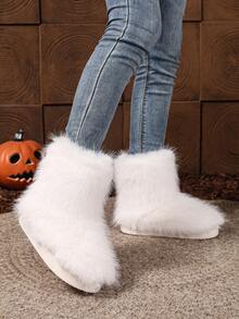 2025 New Fashionable Fluffy Faux Thermal Lined Slip-On Short Boots, Warm & Non-Slip - White - View 5