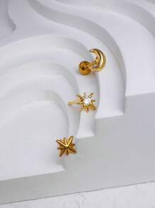 3Pcs Dainty Stackable Moon Star Stud Earring For Women, 14K Gold Plated Earrings With Star Design, Hypoallergenic Exquisite Cartilage Stud Earring Everyday Earring Stack For Multiple Piercing Jewelry For Women Girl
