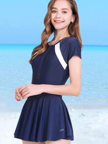 CAMEL CROWN Women's One-Piece Sun Protection Swimsuit Belly Shading Slim Swimwear Conservative Skirt Training - Blue/White - View 3