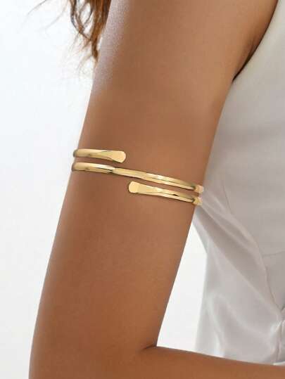 1pc Metal Minimalist Double-Layered Spiral Open Bangle For Upper Arm, Gold Plated Cuff Bracelet For Couples' Holiday Party Dress Up, Exquisite Gift For Girlfriend's Date Wear