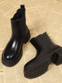 2025春秋新款女士切尔西靴，复古风，英伦风圆头厚底踝靴，百搭时尚 - 黑色 - 查看 2