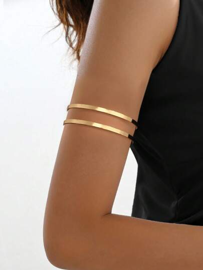 1pc Women's Gold Simple Double-Layer Glossy Arm Cuff, Adjustable Open Design 2-Layer Armlet Bracelet, Summer Beach Vacation Party Dress-Up Wristband Gift For Girlfriend, Exquisite Gift For Festivals And Dates, Unisex Y2K Style Jewelry