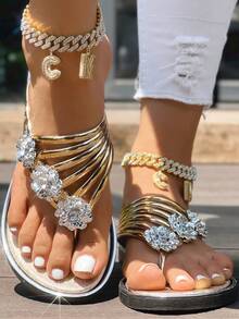 Women's Gold Metal-Look Sandals, Adorned With Crystal Floral Decor, Lightweight & Comfortable Summer Beach Slide Slippers, Slip-On Flat Shoes For Casual & Holiday Wear - Vàng - Xem 4