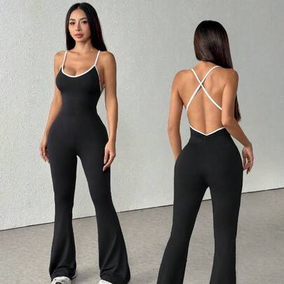 1 bộ jumpsuit ôm sát không tay, màu trơn, ống loe, kiểu dáng thường ngày, gợi cảm, hở lưng, có chức năng định hình vóc dáng, màu đen, thích hợp cho mùa hè.