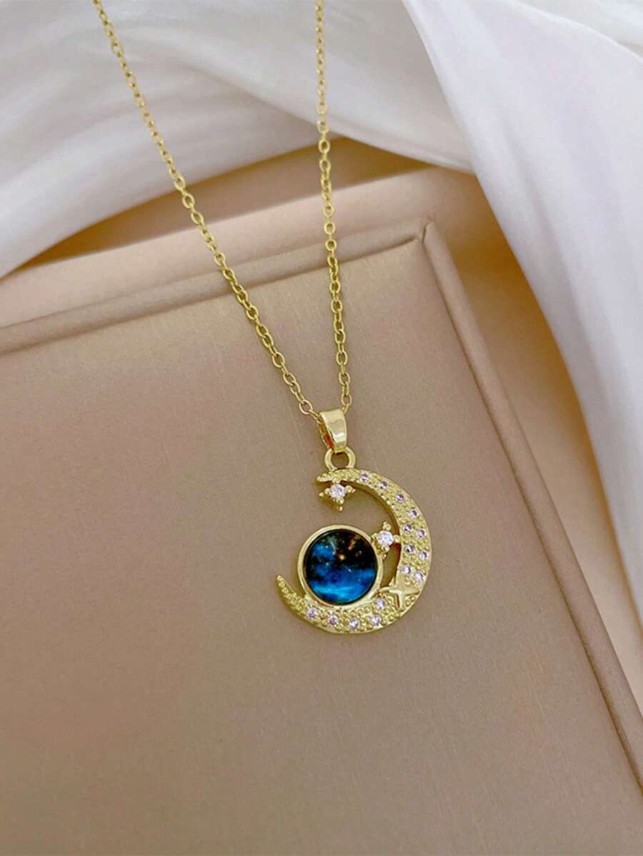 1 件精致水钻镶嵌星夜月亮项链，简约独特星座颈链，适合女士、派对和礼物 - 金黃色 - 查看 1