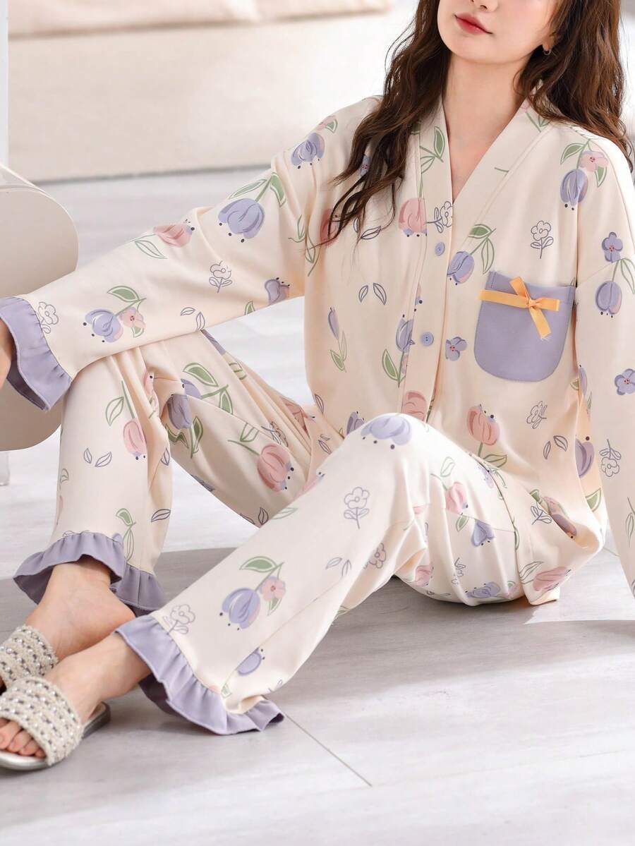 2 pièces/Set Femmes Pyjama Ouvert Devant Col V, Haut à Manches Longues et Pantalon Long, Vêtements Confortables pour la Maison, Printemps/Automne, Vêtements Automne Hiver - Parme - Voir 1