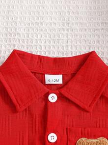 2 件套男婴街头时尚纹理口袋刺绣熊衬衫和短裤套装 - 紅色 - 查看 4