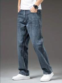 Men's Straight Loose Fit Elastic Business Casual Jeans With Pockets