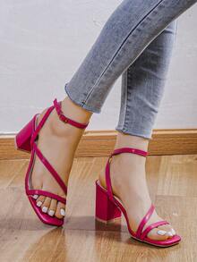 Women's Thick Heel Sandals With Adjustable Buckle Straps, Elegant Criss-Cross Peep Toe Fashion Sexy - FUCHSIA - View 2