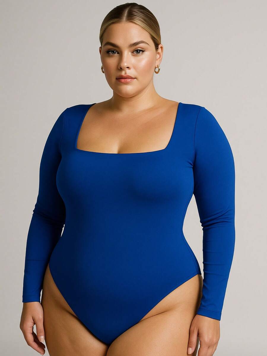 Women's Long Sleeve Square Neckline Suplex Bodysuit Without Pads Autumn Winter Immediate Shipping - 皇家藍 - 大尺碼 GG - 查看 1