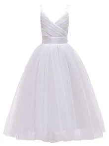 Flower Girls Spaghetti Strap Tulle Dress Long A Line Wedding Pageant Dresses Princess Birthday Party Ball Gown Bridesmaid Dresses White - 白色 - 查看 3