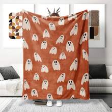 Kürbisfarben-weißer Geist Halloween Muster Decke - gestrickter Polyester Fleece, moderne digitale Bedruckung, Cartoon Thema, ganzjährig komfortable Heim Dekoration Tagesdecke, maschinenwaschbar