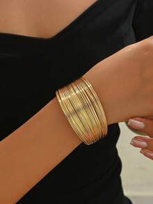 Juego de 4 piezas: 1 collar, 1 par de aretes, 1 anillo, 1 pulsera, conjunto de joyas clásicas retro tradicionales de múltiples capas tipo choker - Amarillo Oro - Ver 5