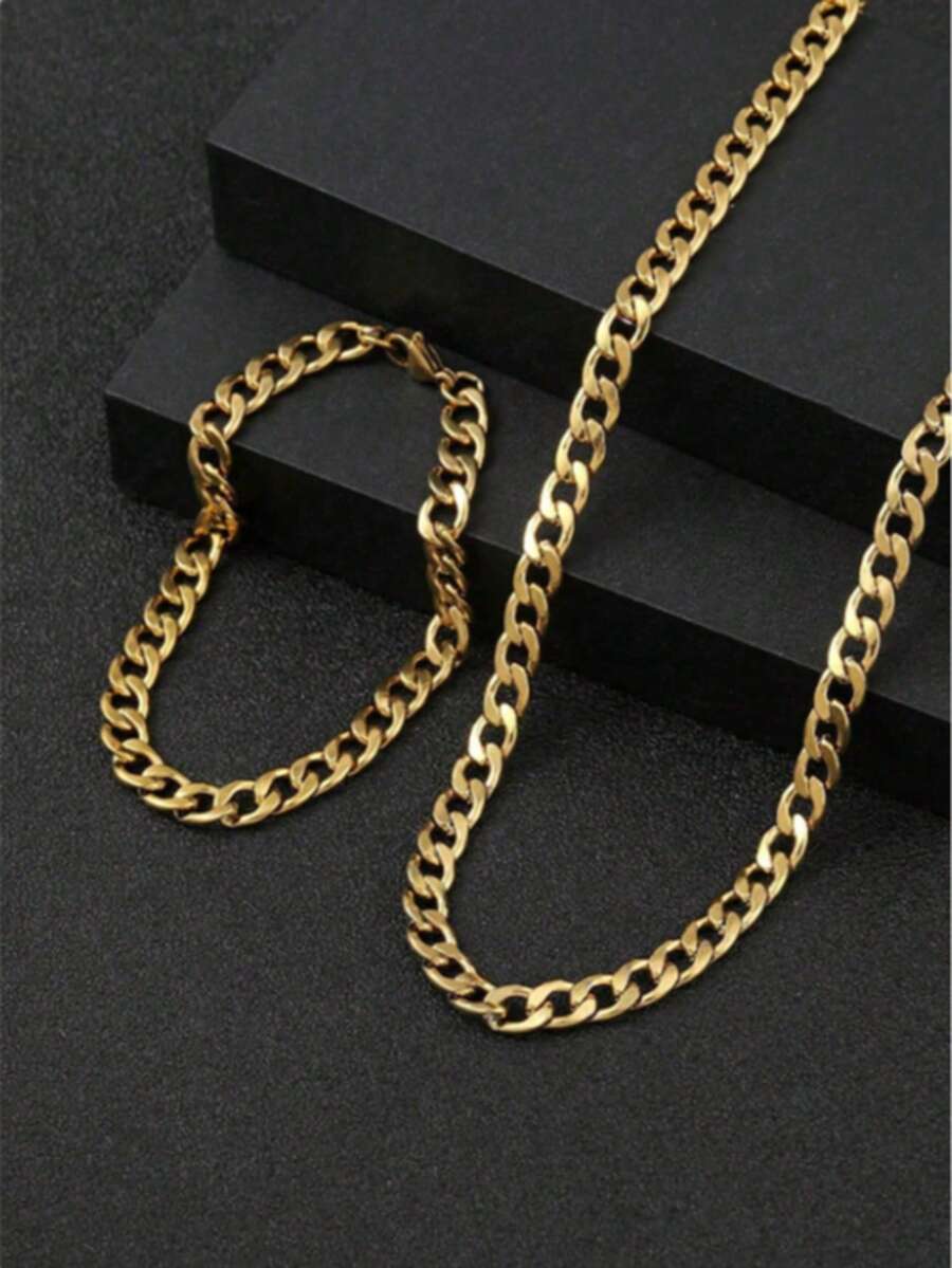 1 set de 2 pièces, nouvelle chaîne épaisse hip-hop personnalisée 2025 - Bracelet et collier assortis, convient pour le port quotidien, les fêtes et les événements - Doré - Voir 1