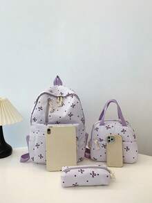返校季 3 件套新款面料背包、手提包、铅笔盒、蝴蝶结图案印花、大容量拉链开合、时尚甜美、精致温柔、可爱便捷、百搭永不无聊 - 紫色 - 查看 4