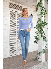 Womens Fashion Fall Cutout Long Sleeve Ribbed Slim Fitted Tops Shirts Tee Tshirts - Long-purple Blue - View 6