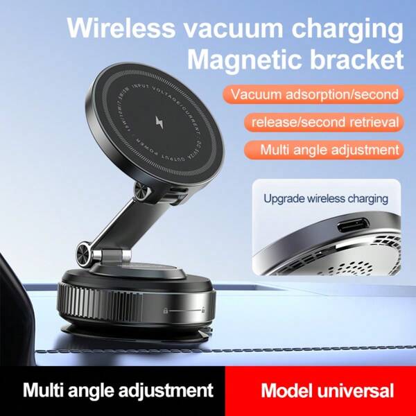 [15W Wireless Charging Magnetic Car Phone Holder] Foldable 360° Rotatable Vacuum Suction Mount - Universal For IPhone/Android, Car/Gym/Mirror Use - Includes Magnetic Ring Gift (Black)