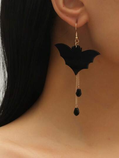 1 par de aretes con borlas en forma de murciélago negro de acrílico, aretes creativos de Halloween