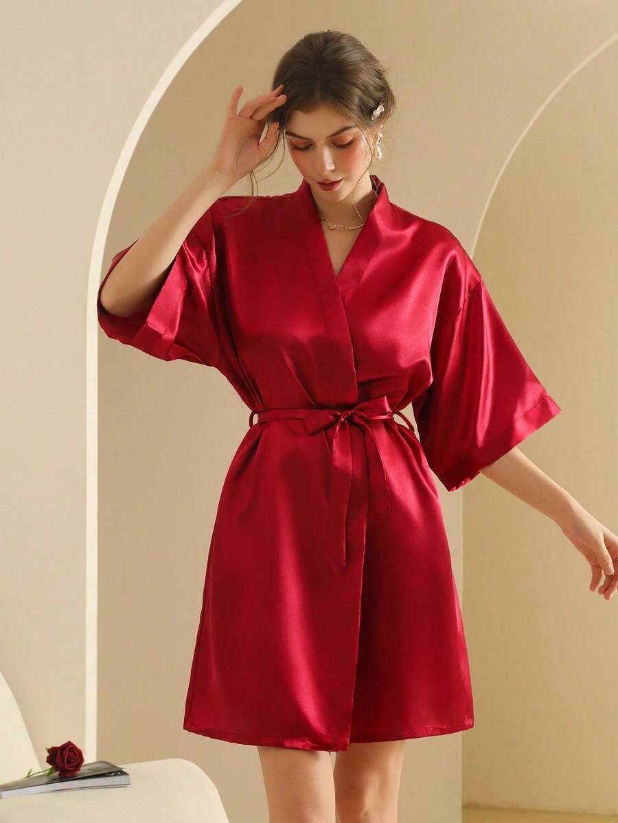 女士真丝睡袍，轻盈开襟长款睡袍，适合新娘、朋友、居家及酒店穿着。 - 酒紅色 - 查看 1