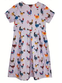 Vestido de estilo casual con diseño de bolsillo, silueta fluida y cuello redondo, con estampado divertido de pollo, talla grande - Púrpura claro - Ver 2