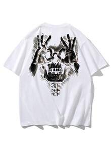 男士夏季休闲短袖 T 恤，复古暗黑骷髅风格，圆领，涤纶面料，适合运动健身，2000 年代风格 - 白色 - 查看 4