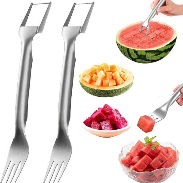 1/2/4 Stücke Wassermelonen Schneider, 2-in-1 Edelstahl Obstschneider, 2025 Neuer Upgrade Doppelkopf Wassermelonen Gabel Schneider Werkzeug, Sommer Obst Schneiden Heim Küche Gadgets