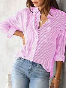Women's Oversized Striped Long Sleeve Comfortable Shirt - 粉色 - 查看 2