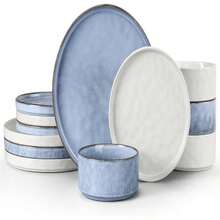 LIANYU Dinnerware Sets For 4, 12 Piece Plates And Bowls Dish Set, Stoneware Dishware Dinner Ware For Kitchen Dining, Microwave &Amp; Dishwasher Safe, Emerald Green - Trắng cực và xanh thanh bình - Xem 1