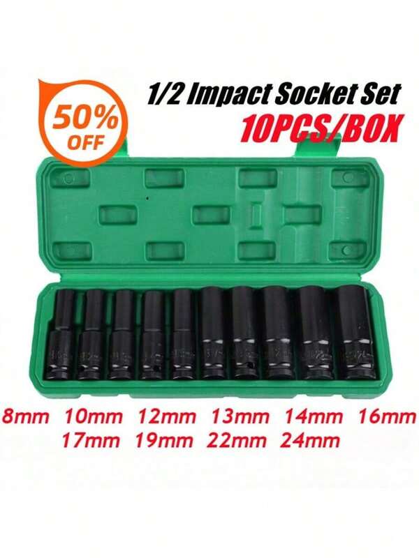 Juego de 10 piezas de dados para llave de impacto de 1/2" con adaptador - Acero al carbono, herramientas hexagonales para reparación automotriz, incluye estuche de almacenamiento portátil