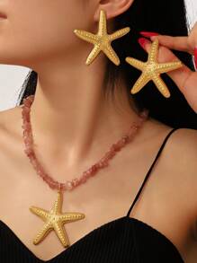 1 Set Of 3 Pieces Simple Fashion Starfish Pendant Necklace Marine Style Exaggerated Earrings Personalized Ladies Jewelry Set