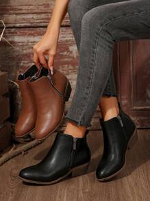 女式黑色粗跟踝靴，休闲侧拉链圆头短靴，舒适踝靴，双拉链时尚靴子，紧身靴，女士时尚踝靴，厚跟和鞋底，休闲设计，女式粗跟踝靴切尔西靴弹力靴粗跟休闲靴，女鞋，新款时尚百搭粗跟性感女士短靴，秋冬踝靴 - 黑色 - 查看 4