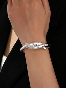 1 pieza Brazalete de color plateado con diseño asimétrico geométrico en forma de muelle, adecuado para vacaciones, playa, fiesta y vestimenta diaria - Plateado - Ver 5