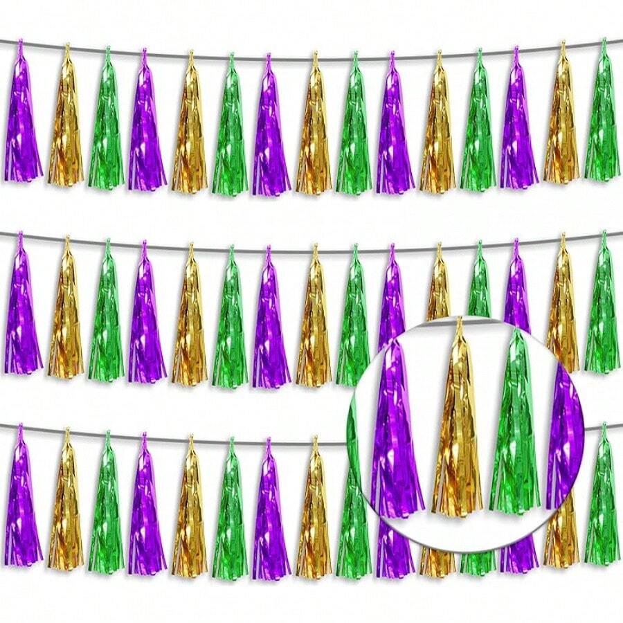 3P Metallic Fringe Tassel Banner Garland Foil Tinsel Streamer Wall Hanging Curtain Backdrop Banner For Parade Floats, Graduation Decorations, Father's Day Party Decoration(Silver)Halloween Christmas New Year - 金色 綠 紫 - 查看 1