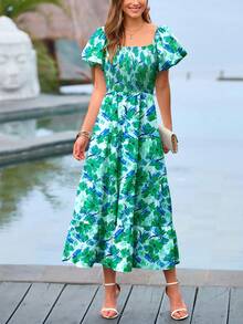 Women's Casual Summer Midi Dress Puffy Short Sleeve Square Neck Smocked Tiered Ruffle Dresses - 綠色花 - 查看 3