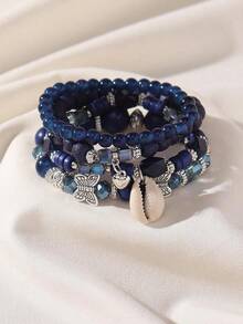 4pcs/Set Bohemian Glass Butterfly Decor Heart Charm Beaded Bracelet For Women For Daily Life - Blue - View 2