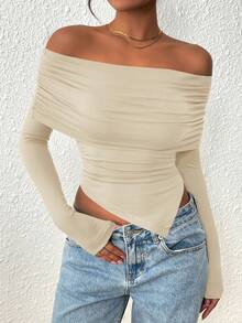 Women's Long Sleeve Shirts Off Shoulder Tops Going Out Slim Fitted Y2K Blouses Fall Fashion Clothes - Màu be - Xem 5