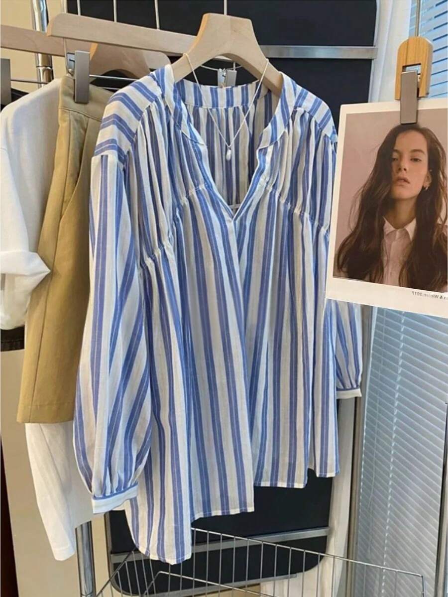 Camisa larga de mujer de manga larga con rayas, de estilo vintage, romántico y sencillo, para uso casual diario