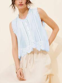 Women Boho Floral Eyelet Button Down Tank Tops Vintage Embroidery Solid Color Ruffle Sleeveless Scalloped Hem Loose Fit Vest Crop Tops Summer Casual Cropped Shirts Going Out Tops Beach Vacation Streetwear - 藍色 - 查看 5
