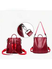Women's Leather Backpack Casual Stylish Anti-Theft - Red - View 4