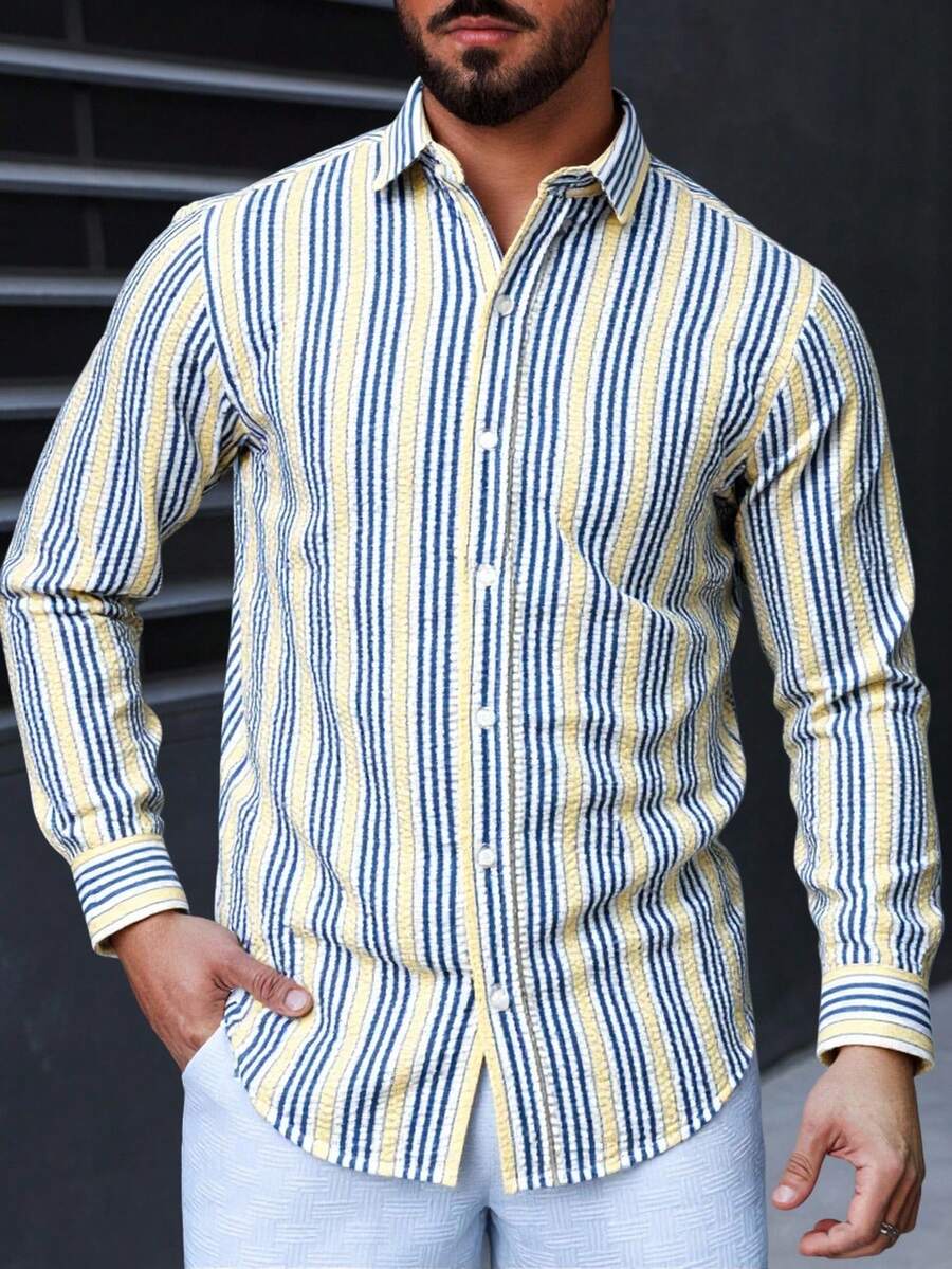 Camisa de Manga Larga de ALgodon con Poliester Amarilla con Azul Corrugada - Azul y blanco - Ver 1