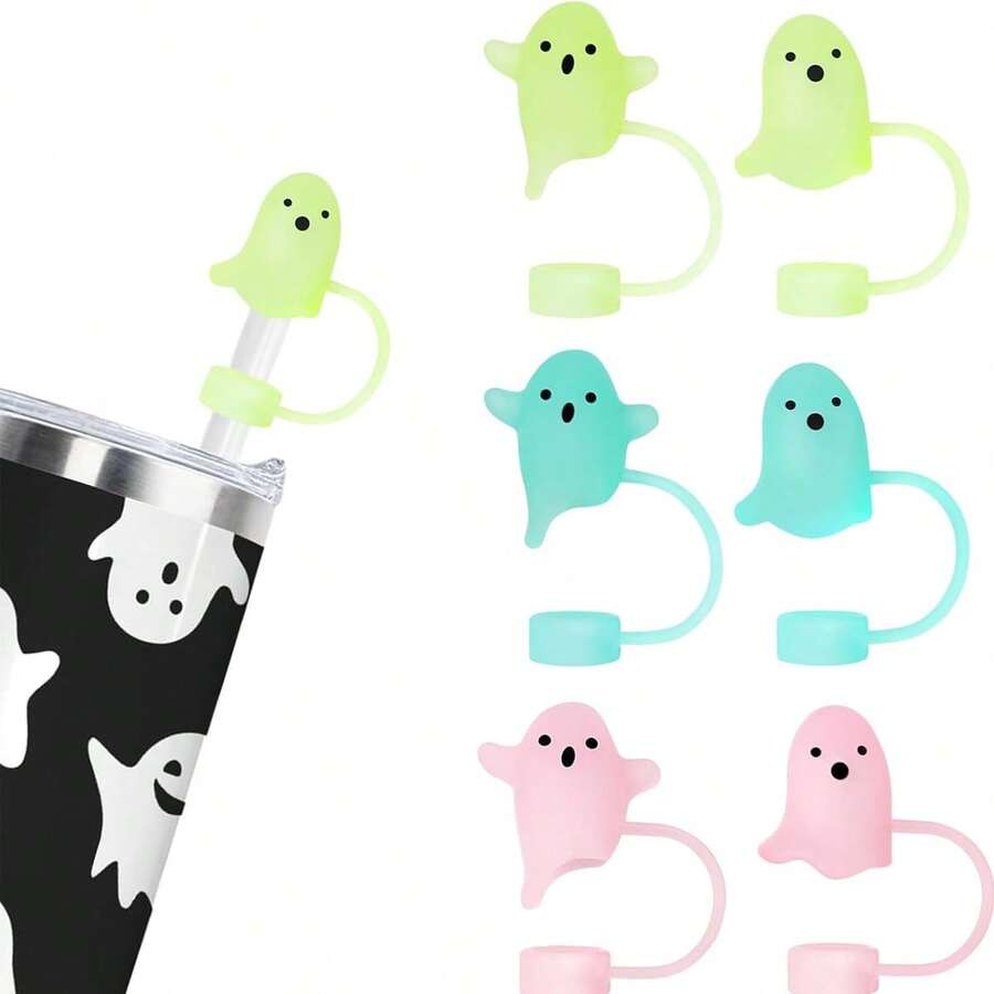 2/3/6 包万圣节幽灵硅胶吸管盖，10 毫米/0.4 英寸夜光可爱设计吸管盖，适用于 20、30 和 40 盎司玻璃杯 - 有趣