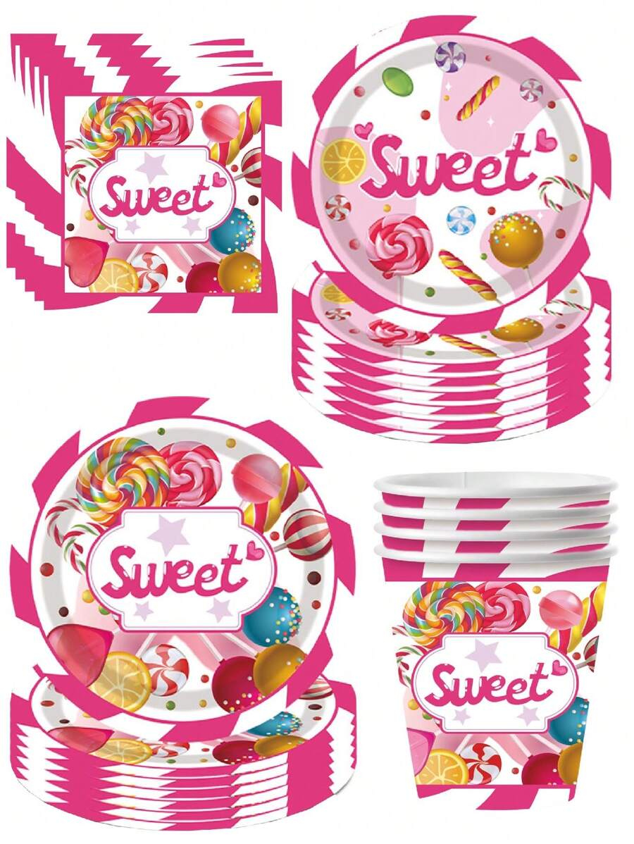 Set de 10 piezas de platos de papel con temática de pastel de caramelo, galletas para fiesta de cumpleaños, platos, vasos y servilletas de papel desechables, suministros para fiesta de cumpleaños, campamento, merienda, banquete, boda, con diseño de limón y paleta